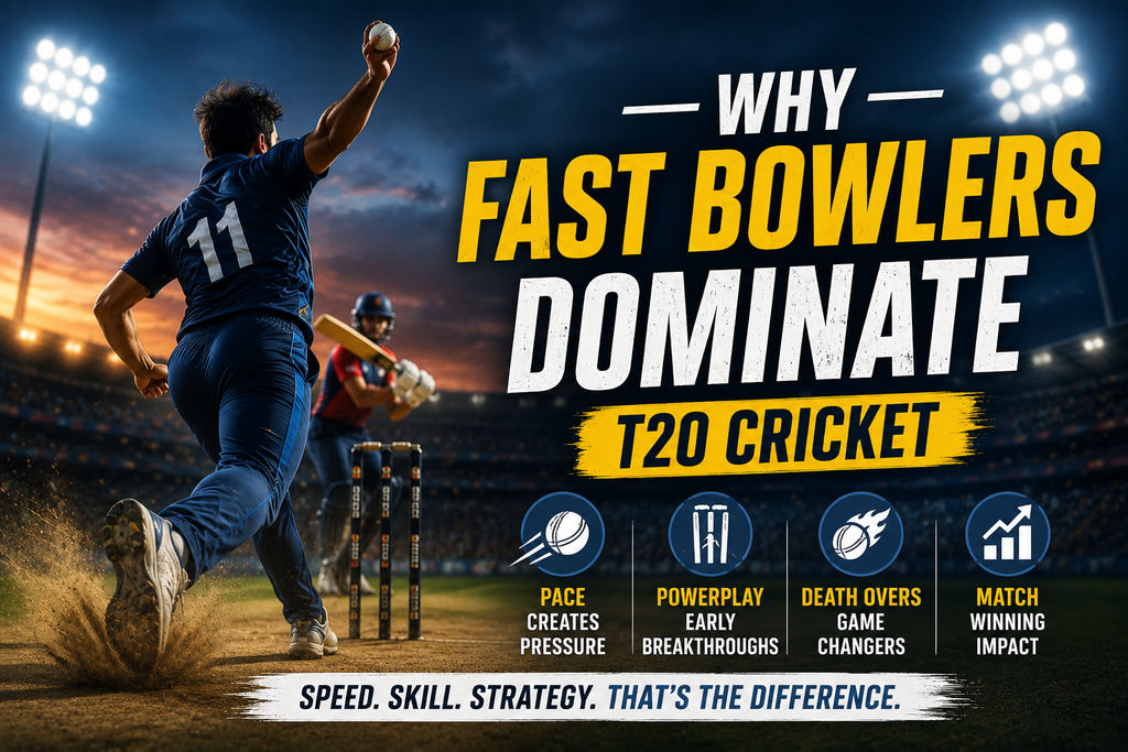 Fast bowler delivering a ball during a T20 cricket match