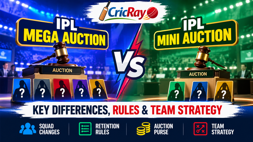 IPL mega auction vs mini auction comparison showing key differences in squad building and auction rules